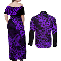 Hawaii Shark Couples Matching Off Shoulder Maxi Dress and Long Sleeve Button Shirts Polynesian Pattern Purple Version LT01 - Polynesian Pride