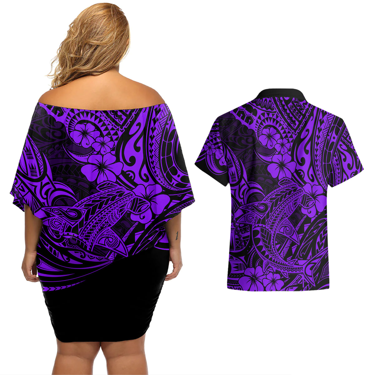 Hawaii Shark Couples Matching Off Shoulder Short Dress and Hawaiian Shirt Polynesian Pattern Purple Version LT01 - Polynesian Pride
