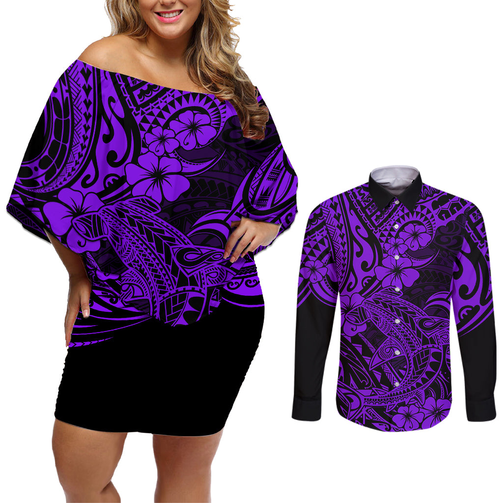 Hawaii Shark Couples Matching Off Shoulder Short Dress and Long Sleeve Button Shirts Polynesian Pattern Purple Version LT01 Purple - Polynesian Pride