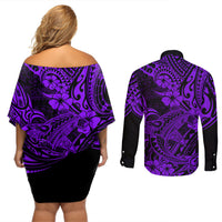 Hawaii Shark Couples Matching Off Shoulder Short Dress and Long Sleeve Button Shirts Polynesian Pattern Purple Version LT01 - Polynesian Pride