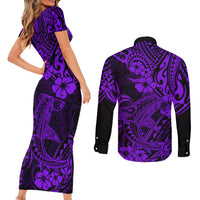 Hawaii Shark Couples Matching Short Sleeve Bodycon Dress and Long Sleeve Button Shirts Polynesian Pattern Purple Version LT01 - Polynesian Pride