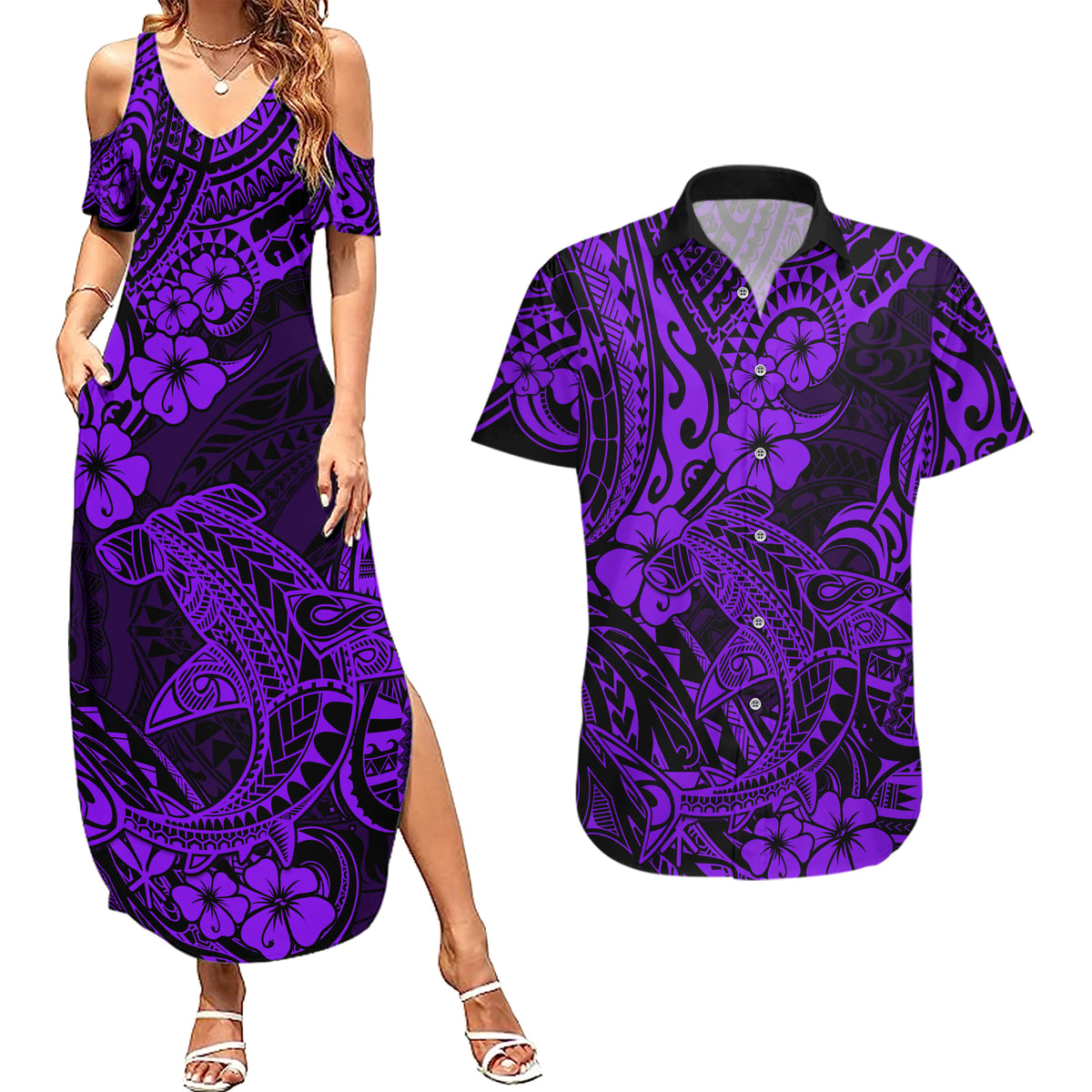 Hawaii Shark Couples Matching Summer Maxi Dress and Hawaiian Shirt Polynesian Pattern Purple Version LT01 Purple - Polynesian Pride