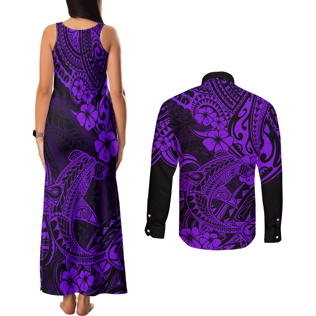 Hawaii Shark Couples Matching Tank Maxi Dress and Long Sleeve Button Shirts Polynesian Pattern Purple Version LT01 - Polynesian Pride