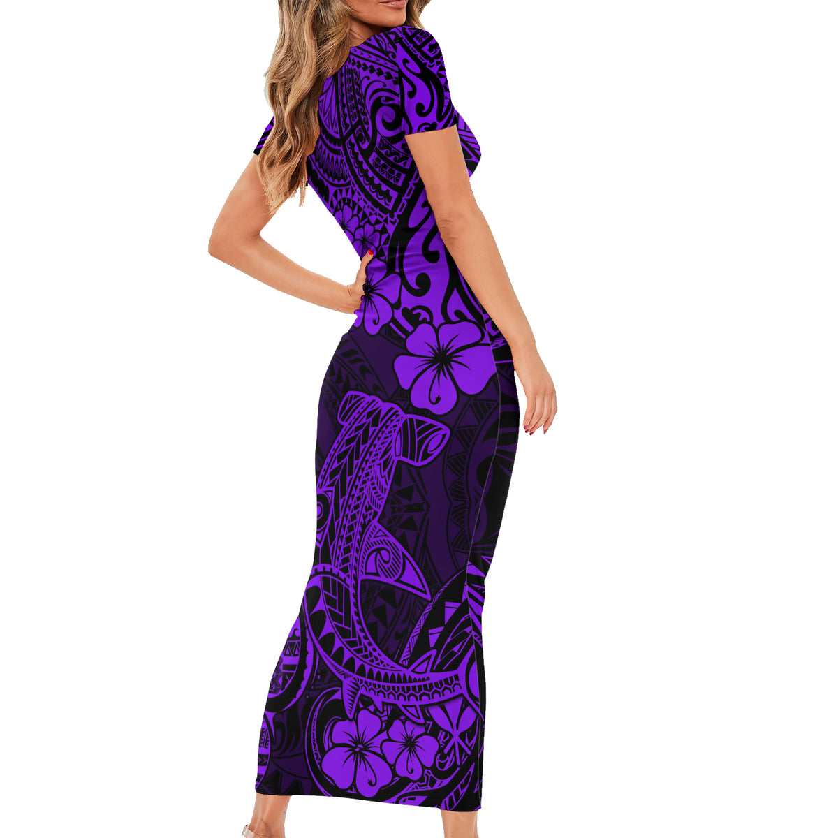 Hawaii Shark Short Sleeve Bodycon Dress Polynesian Pattern Purple Version LT01 - Polynesian Pride