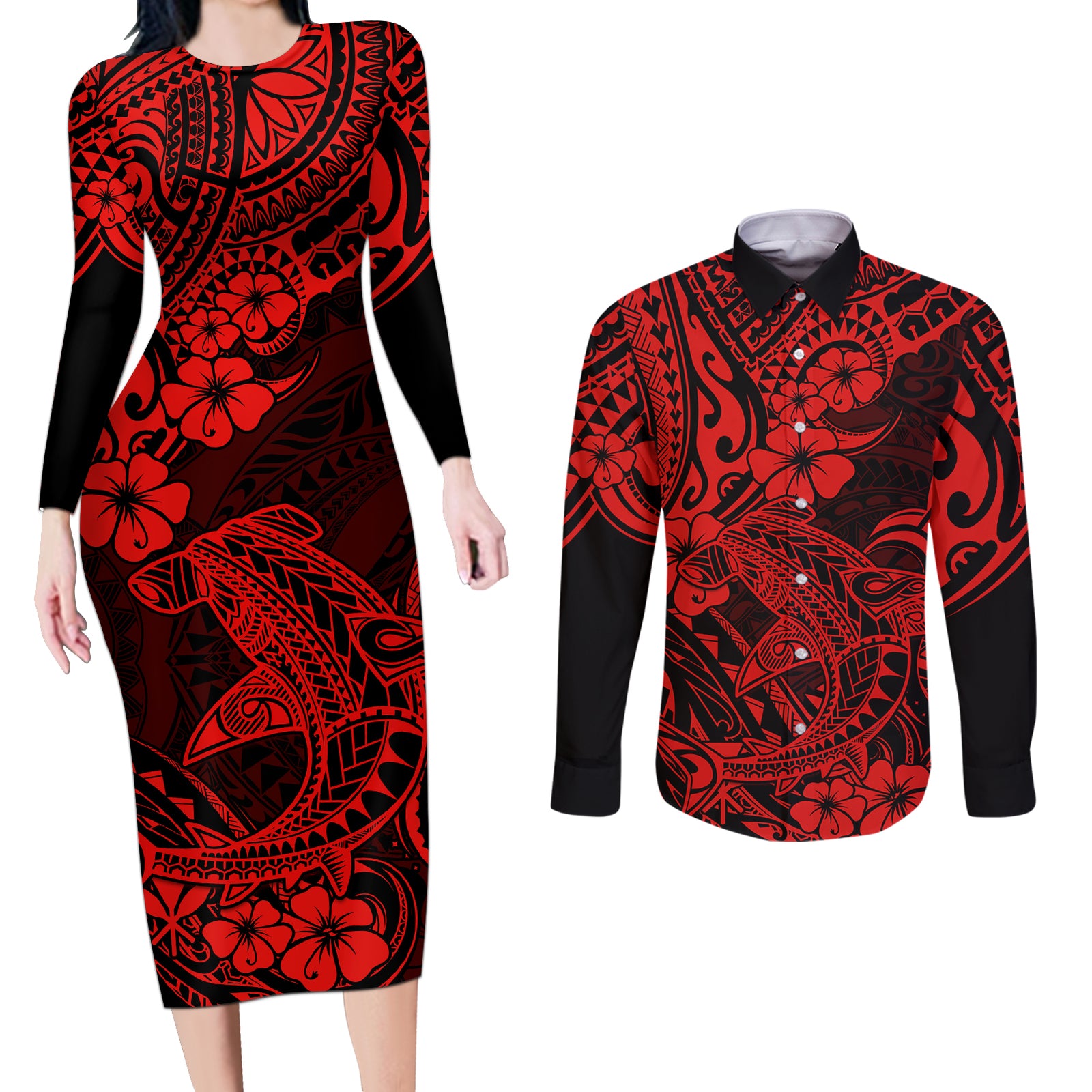 Hawaii Shark Couples Matching Long Sleeve Bodycon Dress and Long Sleeve Button Shirts Polynesian Pattern Red Version LT01 Red - Polynesian Pride