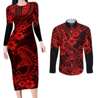 Hawaii Shark Couples Matching Long Sleeve Bodycon Dress and Long Sleeve Button Shirts Polynesian Pattern Red Version LT01 Red - Polynesian Pride