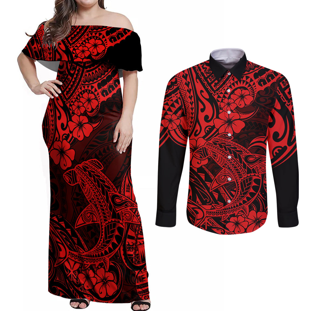 Hawaii Shark Couples Matching Off Shoulder Maxi Dress and Long Sleeve Button Shirts Polynesian Pattern Red Version LT01 Red - Polynesian Pride