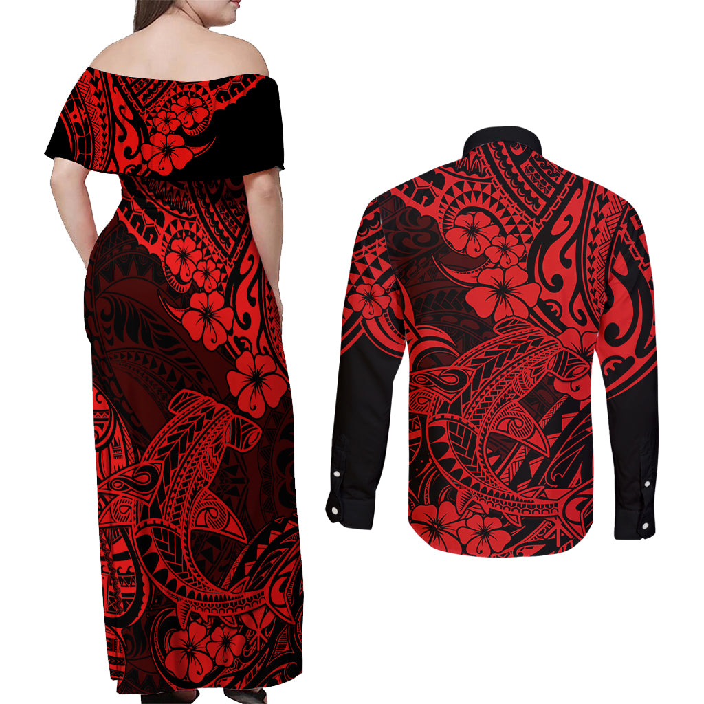 Hawaii Shark Couples Matching Off Shoulder Maxi Dress and Long Sleeve Button Shirts Polynesian Pattern Red Version LT01 - Polynesian Pride