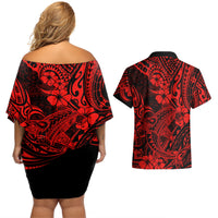 Hawaii Shark Couples Matching Off Shoulder Short Dress and Hawaiian Shirt Polynesian Pattern Red Version LT01 - Polynesian Pride