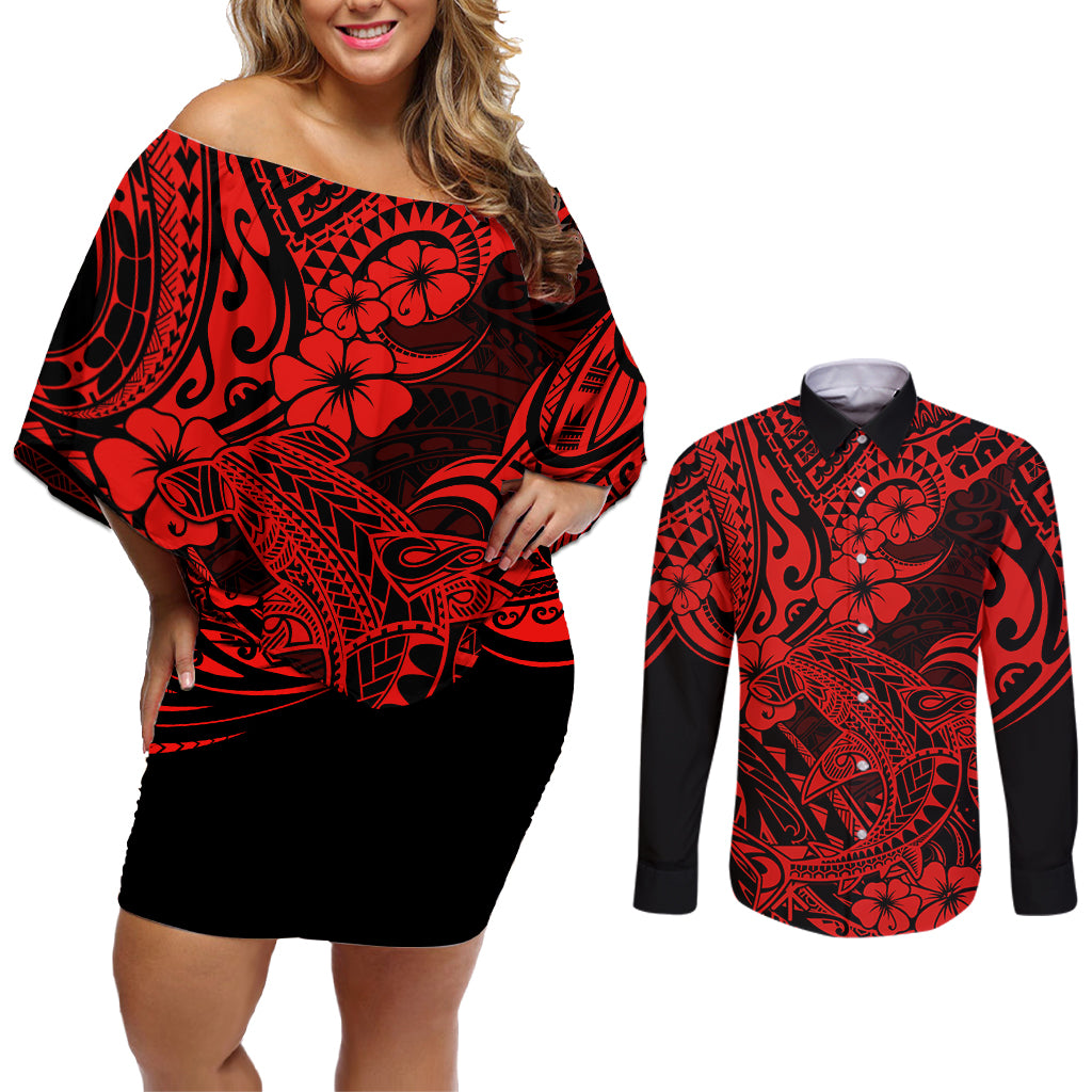 Hawaii Shark Couples Matching Off Shoulder Short Dress and Long Sleeve Button Shirts Polynesian Pattern Red Version LT01 Red - Polynesian Pride