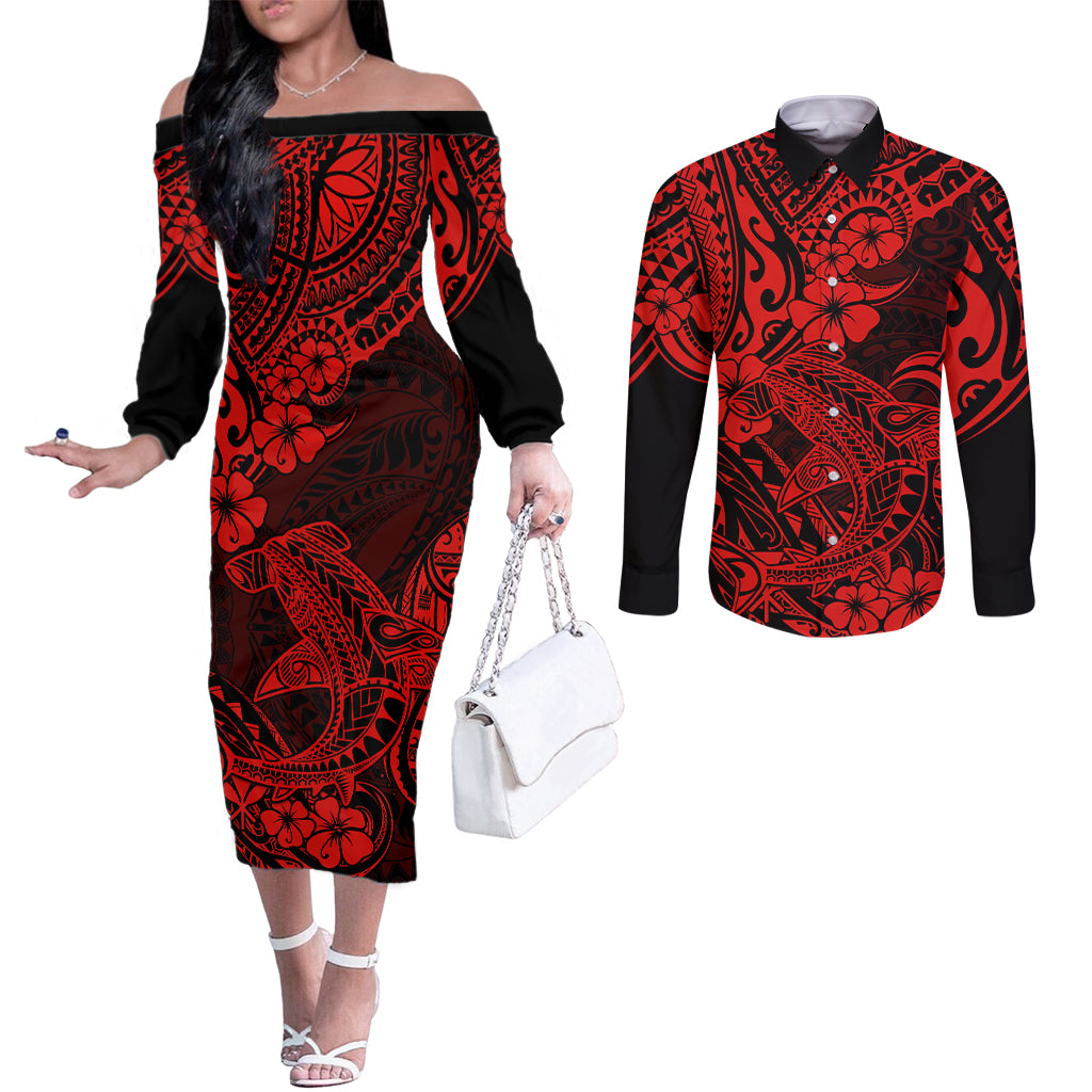 Hawaii Shark Couples Matching Off The Shoulder Long Sleeve Dress and Long Sleeve Button Shirts Polynesian Pattern Red Version LT01 Red - Polynesian Pride