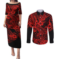 Hawaii Shark Couples Matching Puletasi Dress and Long Sleeve Button Shirts Polynesian Pattern Red Version LT01 Red - Polynesian Pride