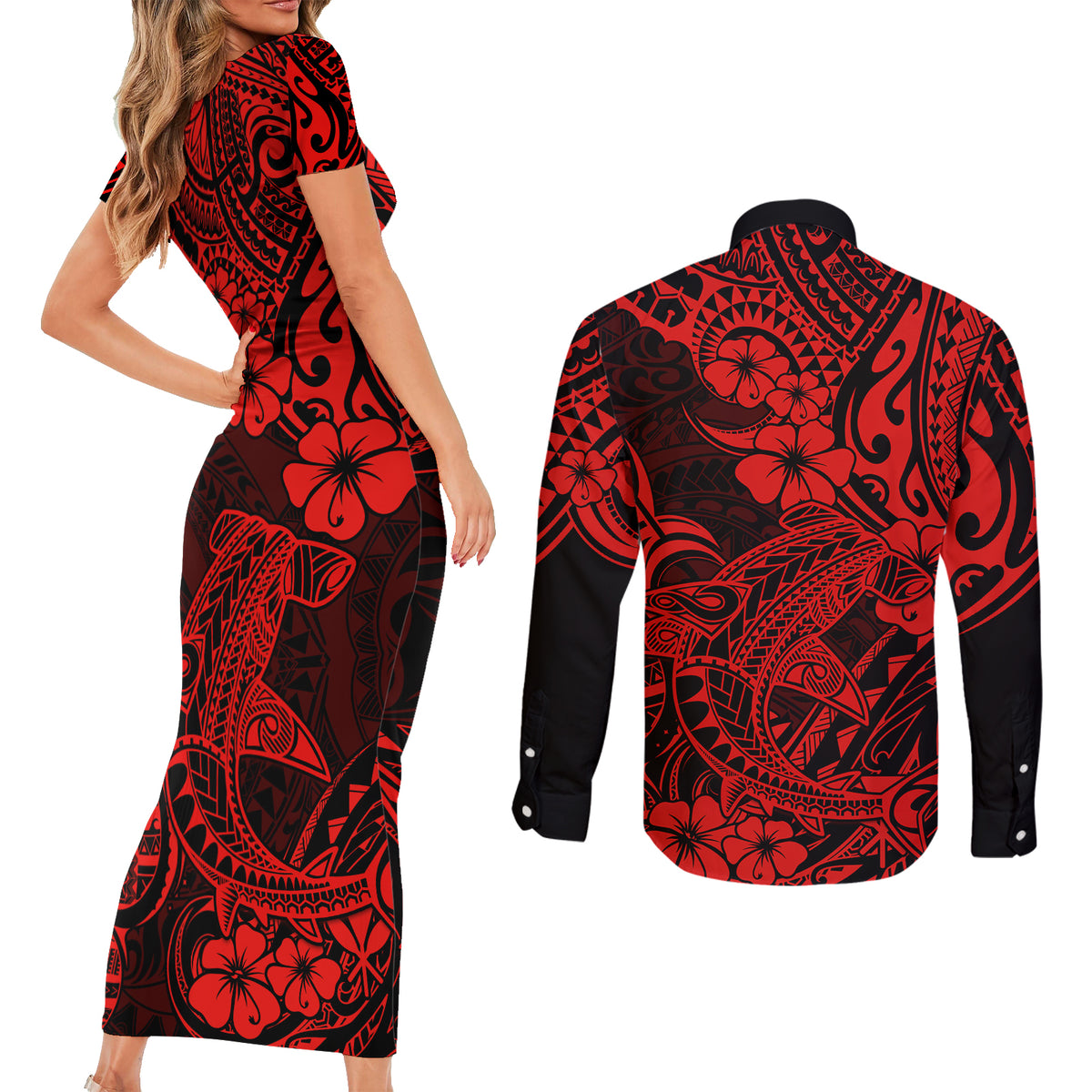Hawaii Shark Couples Matching Short Sleeve Bodycon Dress and Long Sleeve Button Shirts Polynesian Pattern Red Version LT01 - Polynesian Pride