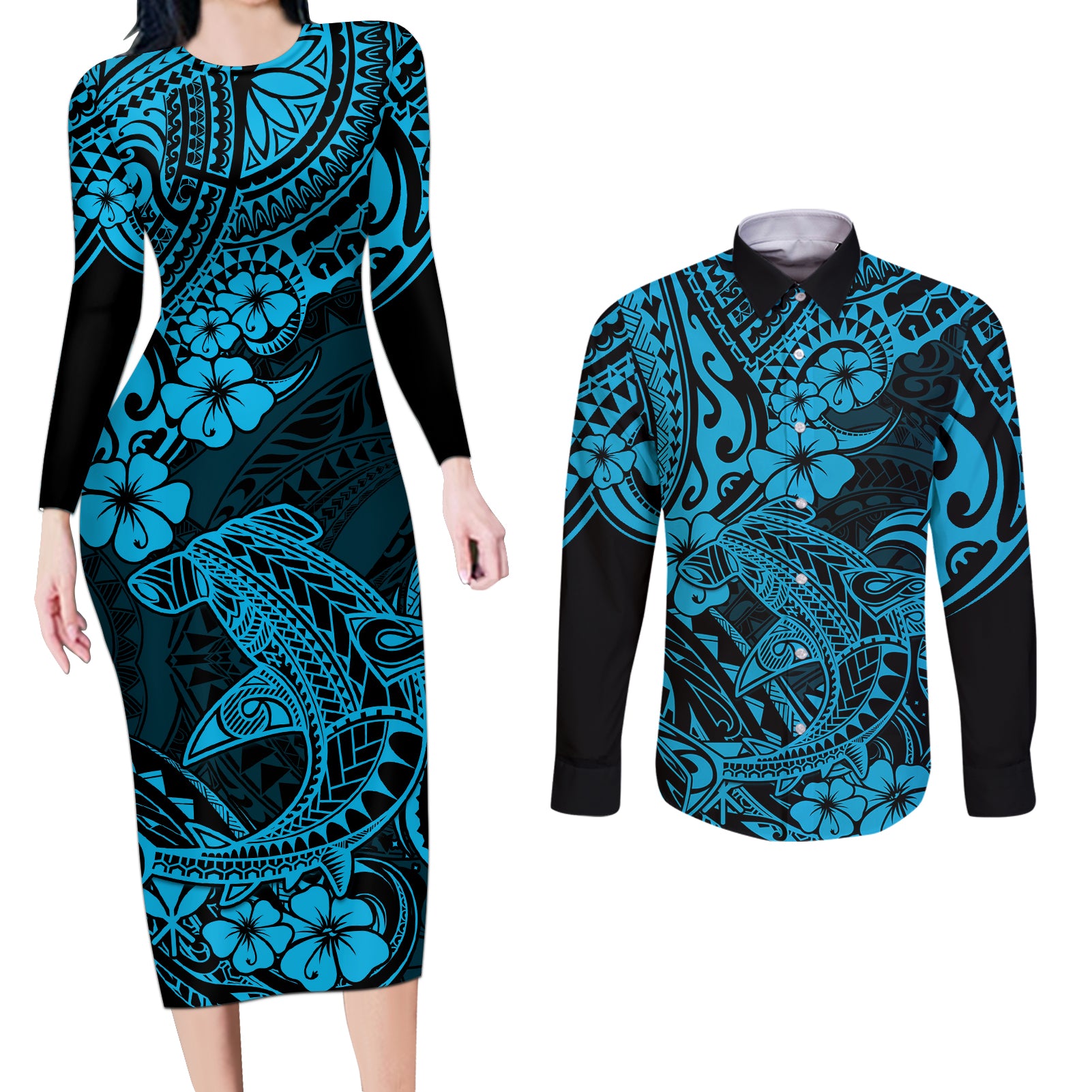 Hawaii Shark Couples Matching Long Sleeve Bodycon Dress and Long Sleeve Button Shirts Polynesian Pattern Sky Blue Version LT01 Blue - Polynesian Pride