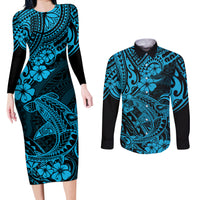 Hawaii Shark Couples Matching Long Sleeve Bodycon Dress and Long Sleeve Button Shirts Polynesian Pattern Sky Blue Version LT01 Blue - Polynesian Pride
