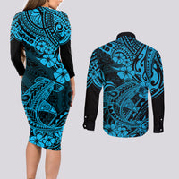 Hawaii Shark Couples Matching Long Sleeve Bodycon Dress and Long Sleeve Button Shirts Polynesian Pattern Sky Blue Version LT01 - Polynesian Pride