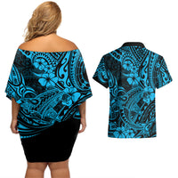 Hawaii Shark Couples Matching Off Shoulder Short Dress and Hawaiian Shirt Polynesian Pattern Sky Blue Version LT01 - Polynesian Pride