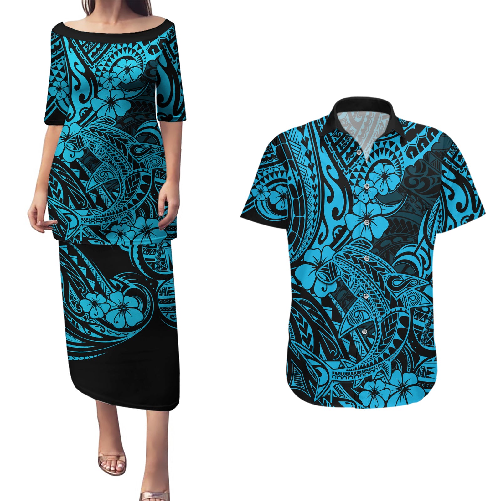 Hawaii Shark Couples Matching Puletasi Dress and Hawaiian Shirt Polynesian Pattern Sky Blue Version LT01 Blue - Polynesian Pride