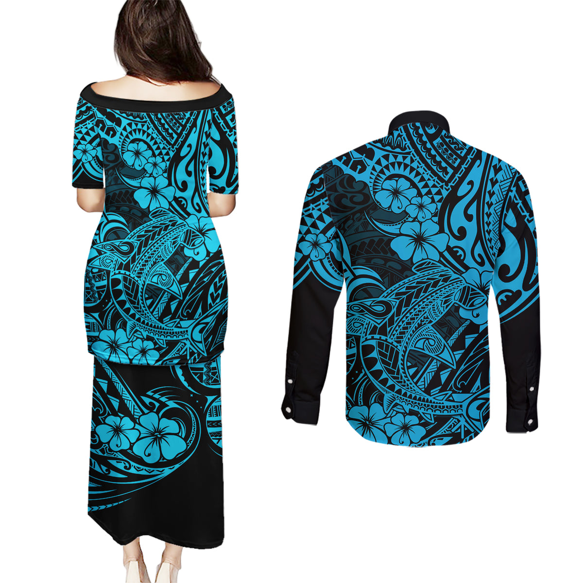 Hawaii Shark Couples Matching Puletasi Dress and Long Sleeve Button Shirts Polynesian Pattern Sky Blue Version LT01 - Polynesian Pride