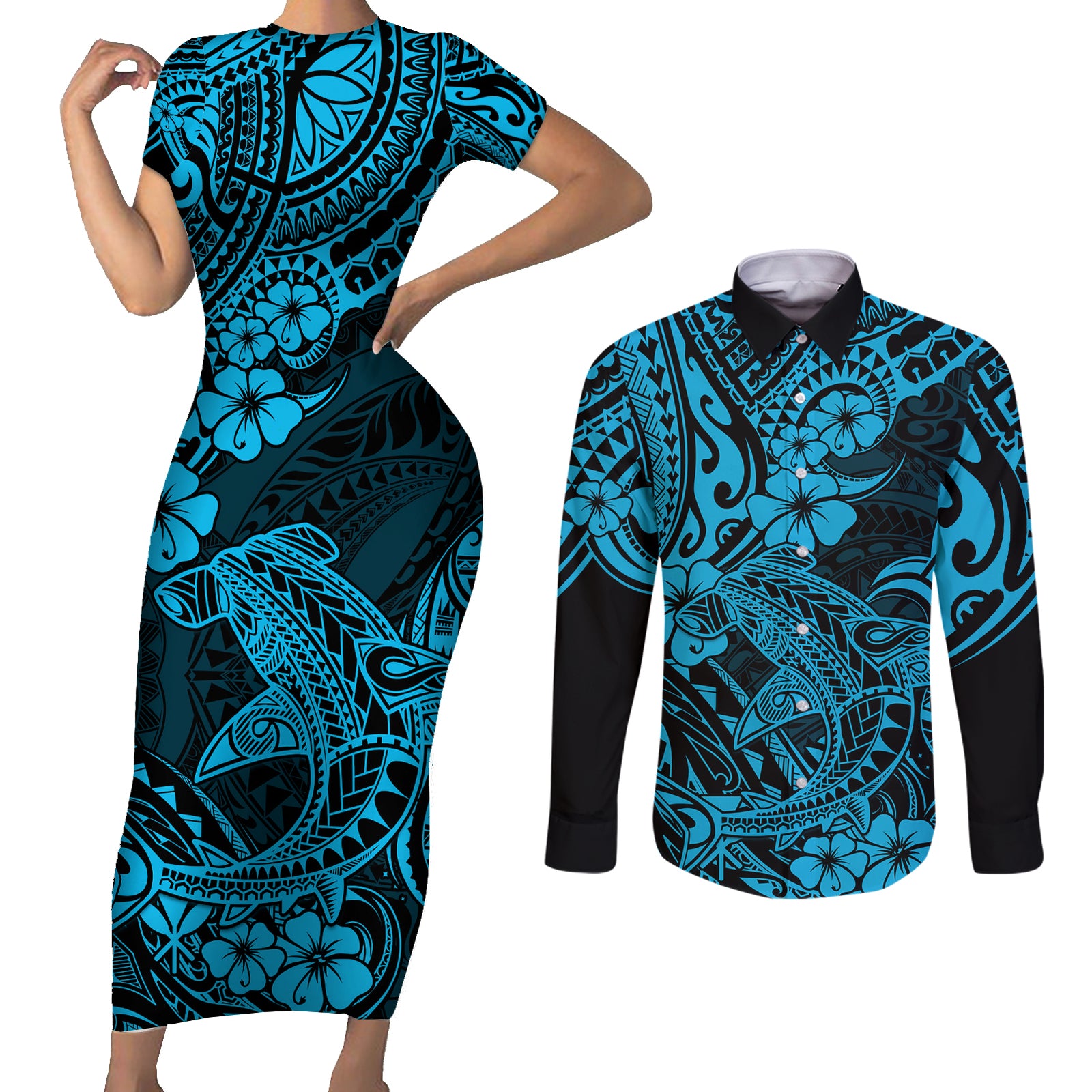 Hawaii Shark Couples Matching Short Sleeve Bodycon Dress and Long Sleeve Button Shirts Polynesian Pattern Sky Blue Version LT01 Blue - Polynesian Pride