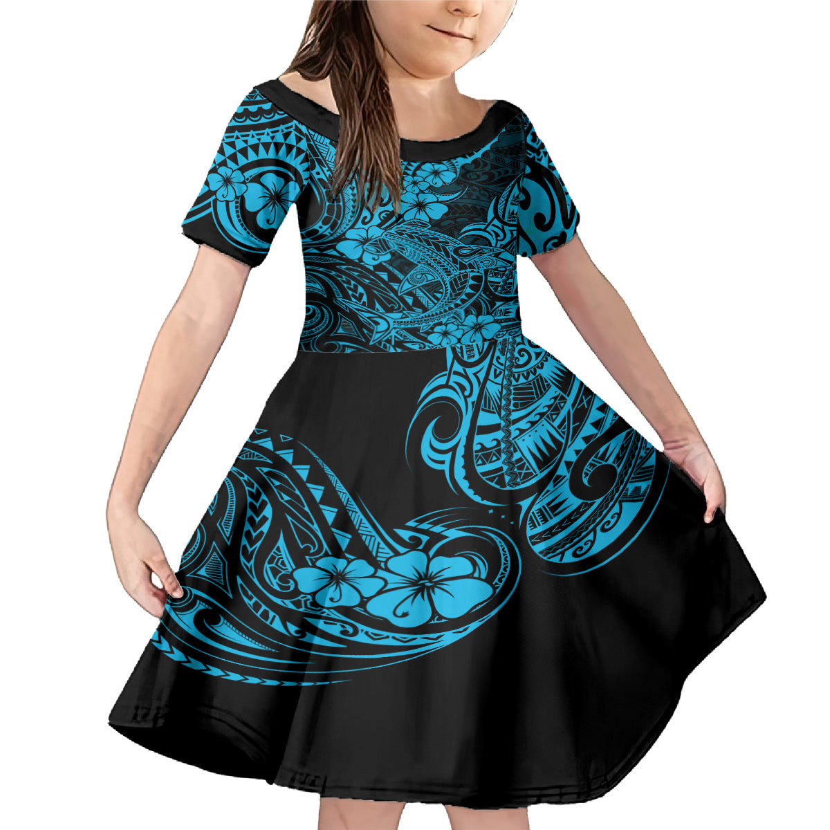 Hawaii Shark Family Matching Mermaid Dress and Hawaiian Shirt Polynesian Pattern Sky Blue Version LT01 Daughter's Dress Blue - Polynesian Pride