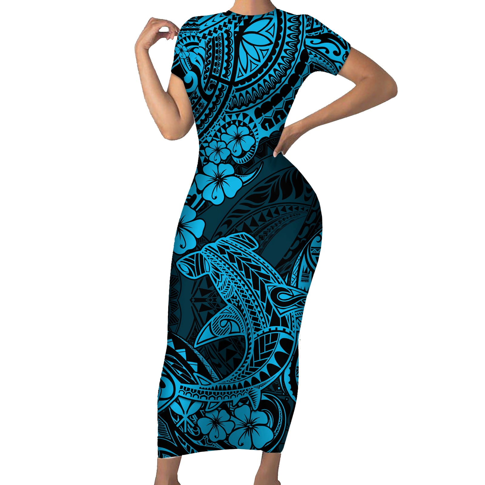 Hawaii Shark Short Sleeve Bodycon Dress Polynesian Pattern Sky Blue Version LT01 Long Dress Blue - Polynesian Pride