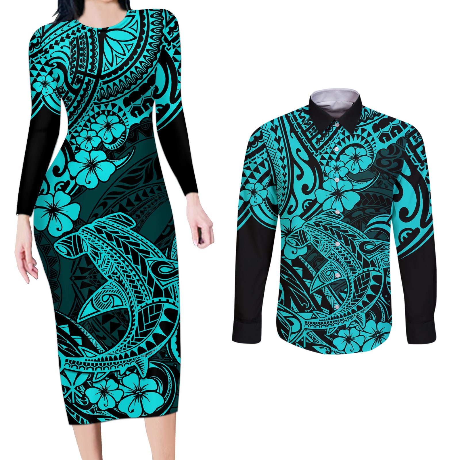 Hawaii Shark Couples Matching Long Sleeve Bodycon Dress and Long Sleeve Button Shirts Polynesian Pattern Turquoise Version LT01 Turquoise - Polynesian Pride