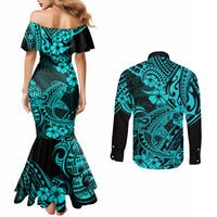 Hawaii Shark Couples Matching Mermaid Dress and Long Sleeve Button Shirts Polynesian Pattern Turquoise Version LT01 - Polynesian Pride