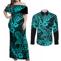 Hawaii Shark Couples Matching Off Shoulder Maxi Dress and Long Sleeve Button Shirts Polynesian Pattern Turquoise Version LT01 Turquoise - Polynesian Pride