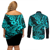 Hawaii Shark Couples Matching Off Shoulder Short Dress and Long Sleeve Button Shirts Polynesian Pattern Turquoise Version LT01 - Polynesian Pride