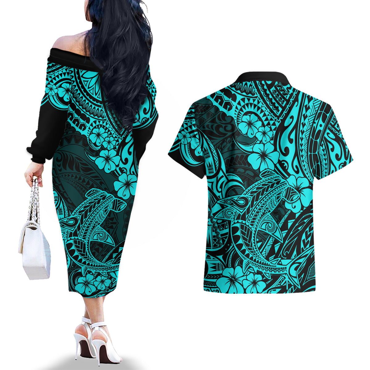 Hawaii Shark Couples Matching Off The Shoulder Long Sleeve Dress and Hawaiian Shirt Polynesian Pattern Turquoise Version LT01 - Polynesian Pride