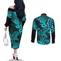 Hawaii Shark Couples Matching Off The Shoulder Long Sleeve Dress and Long Sleeve Button Shirts Polynesian Pattern Turquoise Version LT01 - Polynesian Pride