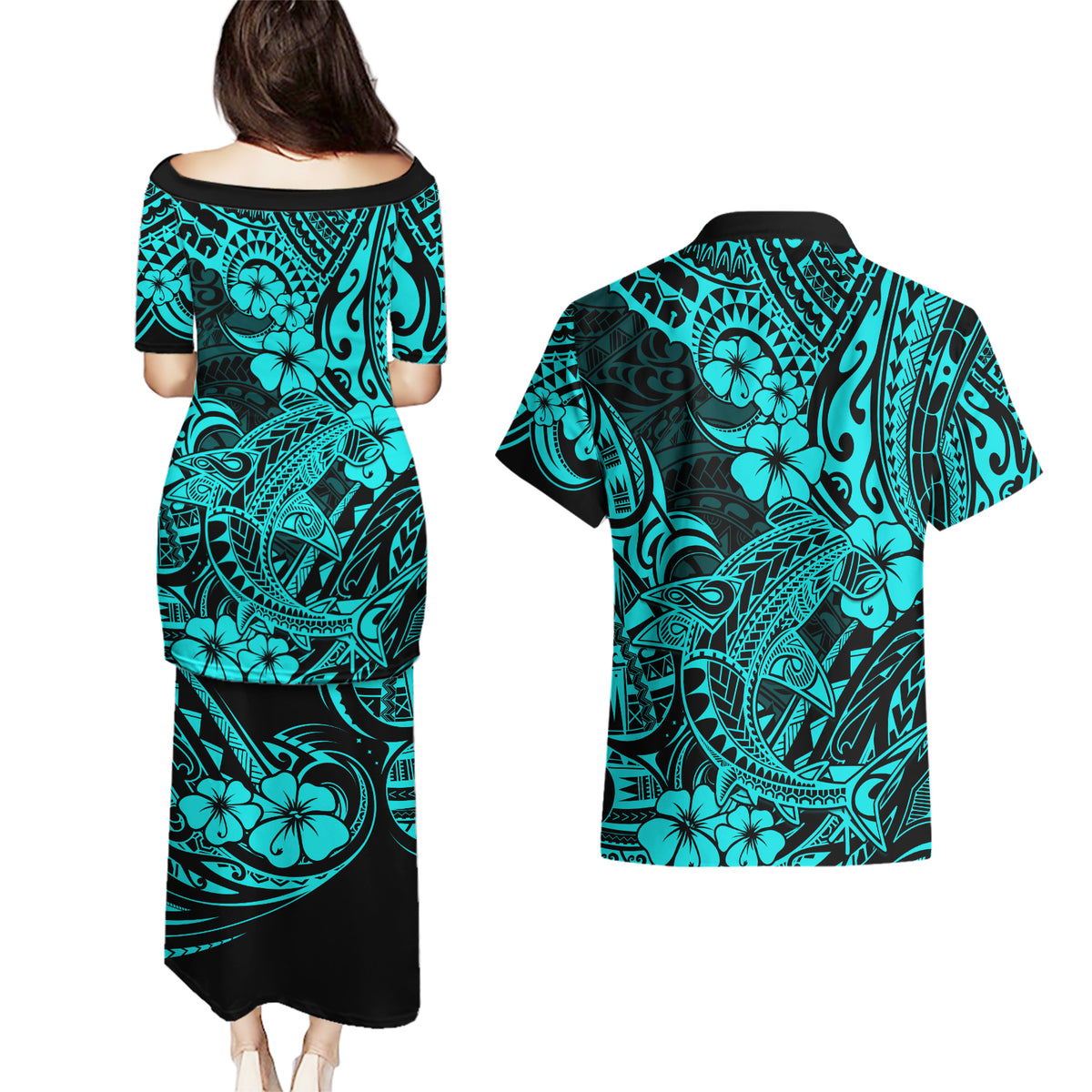 Hawaii Shark Couples Matching Puletasi Dress and Hawaiian Shirt Polynesian Pattern Turquoise Version LT01 - Polynesian Pride