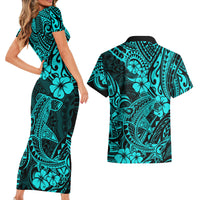 Hawaii Shark Couples Matching Short Sleeve Bodycon Dress and Hawaiian Shirt Polynesian Pattern Turquoise Version LT01 - Polynesian Pride