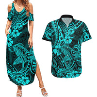 Hawaii Shark Couples Matching Summer Maxi Dress and Hawaiian Shirt Polynesian Pattern Turquoise Version LT01 Turquoise - Polynesian Pride