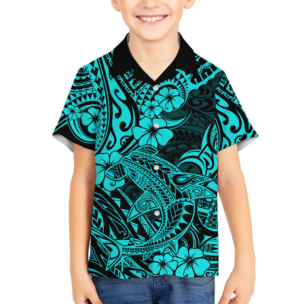 Hawaii Shark Family Matching Off Shoulder Maxi Dress and Hawaiian Shirt Polynesian Pattern Turquoise Version LT01 Son's Shirt Turquoise - Polynesian Pride