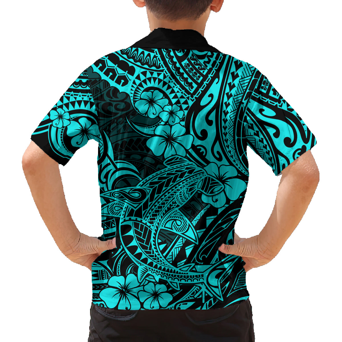 Hawaii Shark Family Matching Off Shoulder Short Dress and Hawaiian Shirt Polynesian Pattern Turquoise Version LT01 - Polynesian Pride