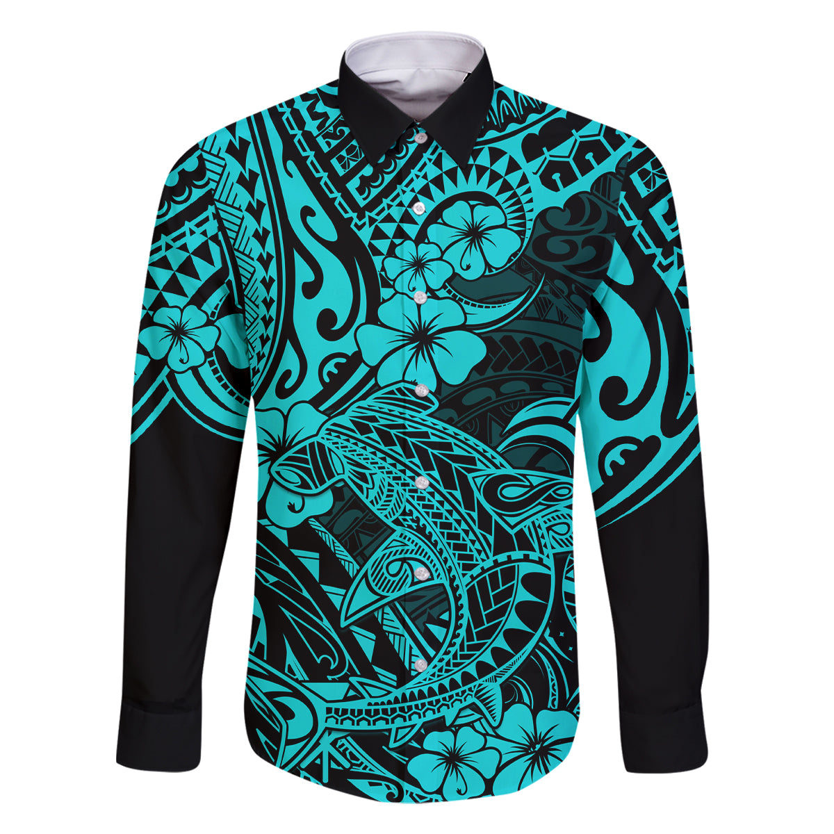 Hawaii Shark Family Matching Summer Maxi Dress and Hawaiian Shirt Polynesian Pattern Turquoise Version LT01 Dad's Shirt - Long Sleeve Turquoise - Polynesian Pride