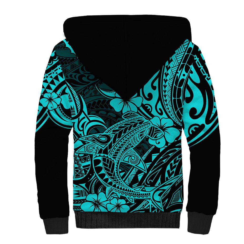 Hawaii Shark Sherpa Hoodie Polynesian Pattern Turquoise Version LT01 - Polynesian Pride