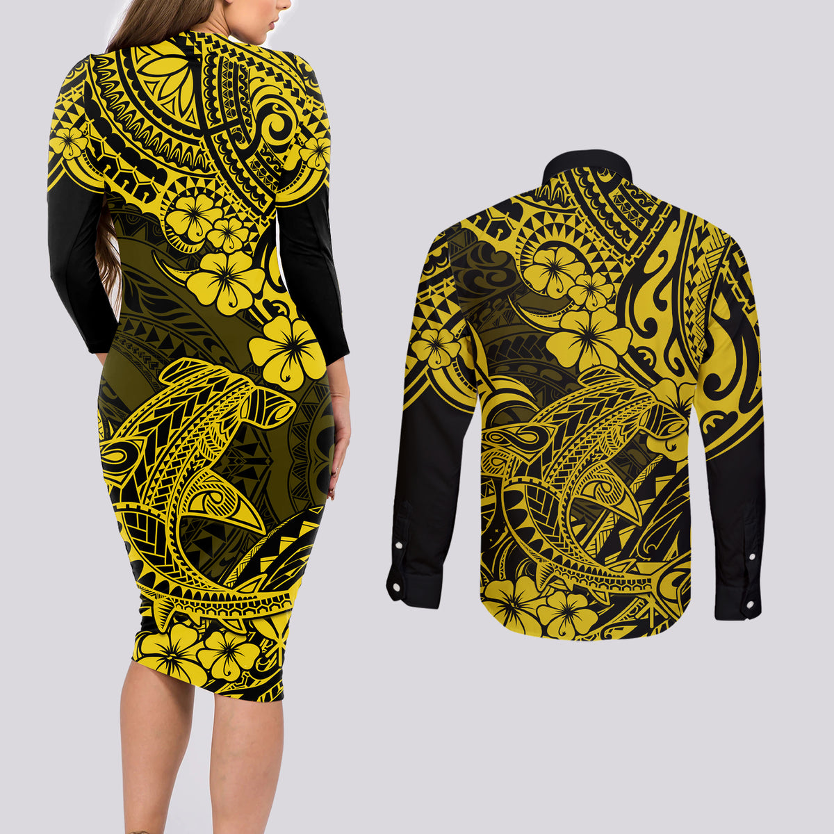 Hawaii Shark Couples Matching Long Sleeve Bodycon Dress and Long Sleeve Button Shirts Polynesian Pattern Yellow Version LT01 - Polynesian Pride