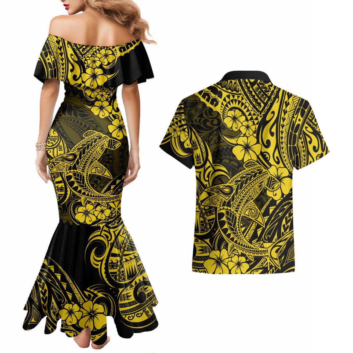 Hawaii Shark Couples Matching Mermaid Dress and Hawaiian Shirt Polynesian Pattern Yellow Version LT01 - Polynesian Pride