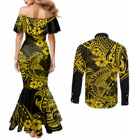 Hawaii Shark Couples Matching Mermaid Dress and Long Sleeve Button Shirts Polynesian Pattern Yellow Version LT01 - Polynesian Pride
