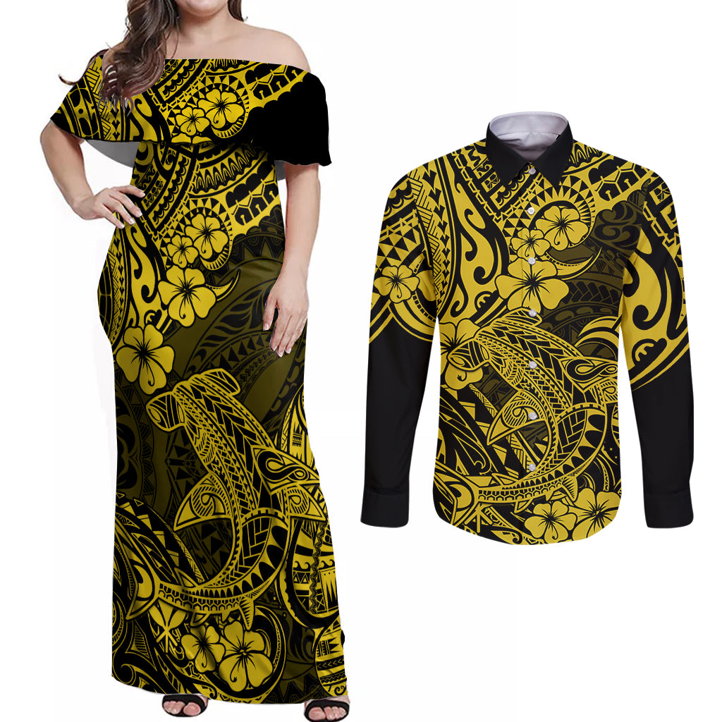 Hawaii Shark Couples Matching Off Shoulder Maxi Dress and Long Sleeve Button Shirts Polynesian Pattern Yellow Version LT01 Yellow - Polynesian Pride