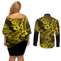 Hawaii Shark Couples Matching Off Shoulder Short Dress and Long Sleeve Button Shirts Polynesian Pattern Yellow Version LT01 - Polynesian Pride