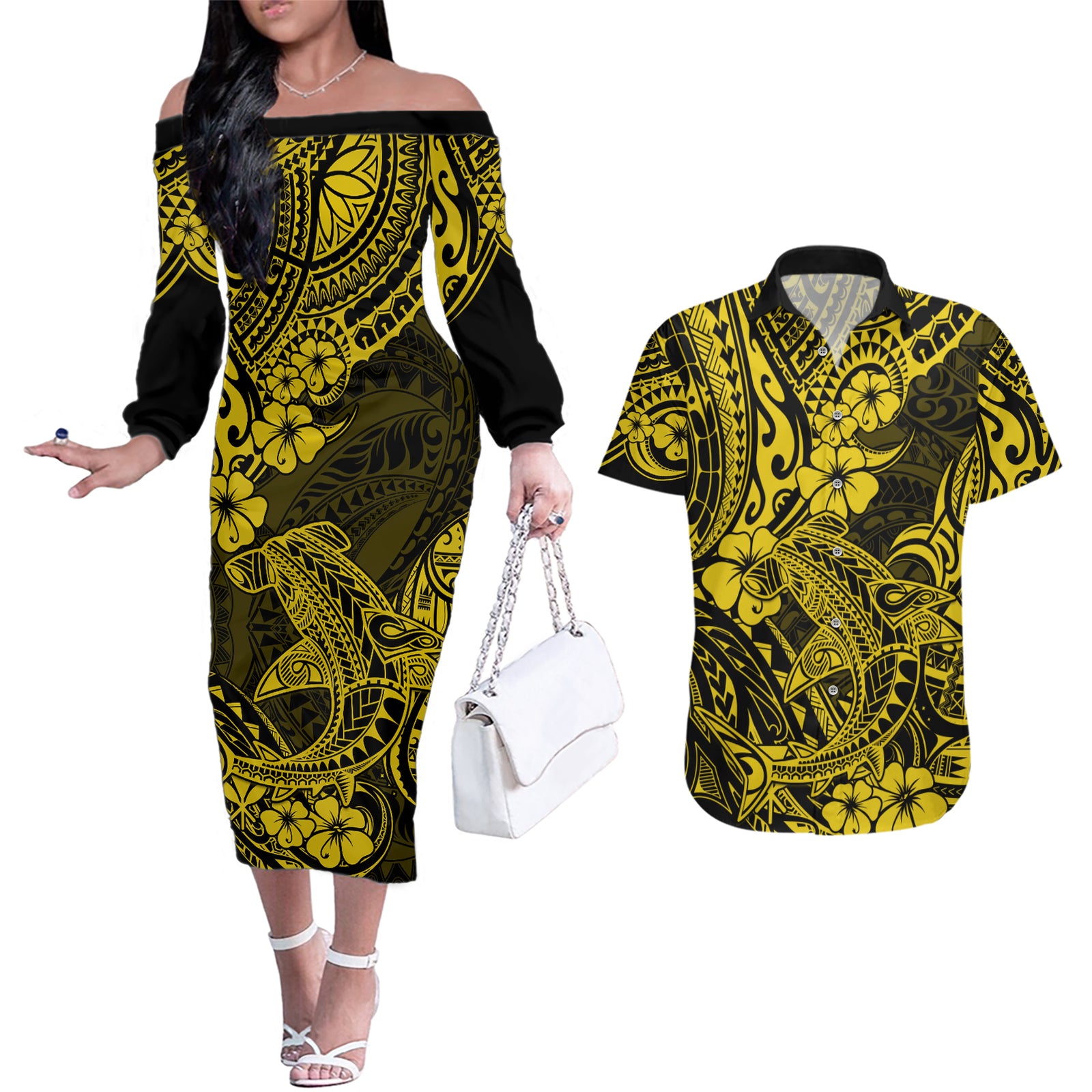 Hawaii Shark Couples Matching Off The Shoulder Long Sleeve Dress and Hawaiian Shirt Polynesian Pattern Yellow Version LT01 Yellow - Polynesian Pride
