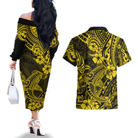 Hawaii Shark Couples Matching Off The Shoulder Long Sleeve Dress and Hawaiian Shirt Polynesian Pattern Yellow Version LT01 - Polynesian Pride