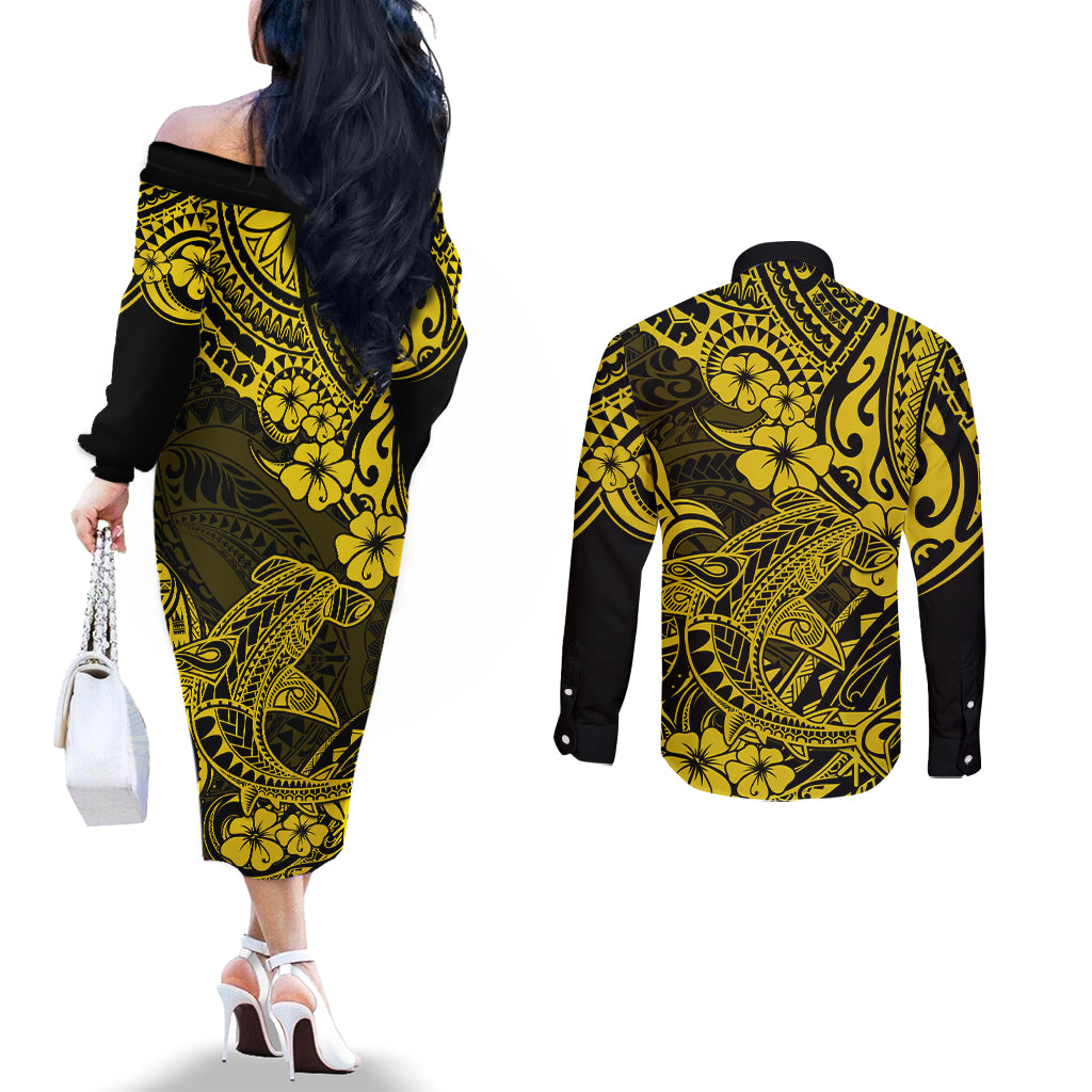 Hawaii Shark Couples Matching Off The Shoulder Long Sleeve Dress and Long Sleeve Button Shirts Polynesian Pattern Yellow Version LT01 - Polynesian Pride