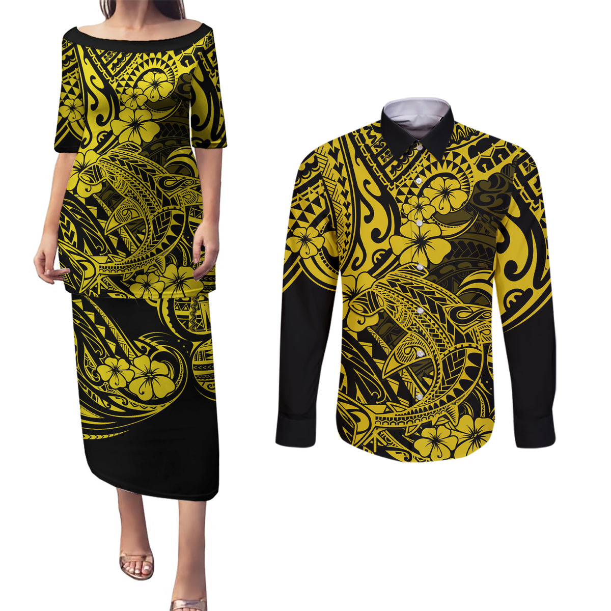 Hawaii Shark Couples Matching Puletasi Dress and Long Sleeve Button Shirts Polynesian Pattern Yellow Version LT01 Yellow - Polynesian Pride