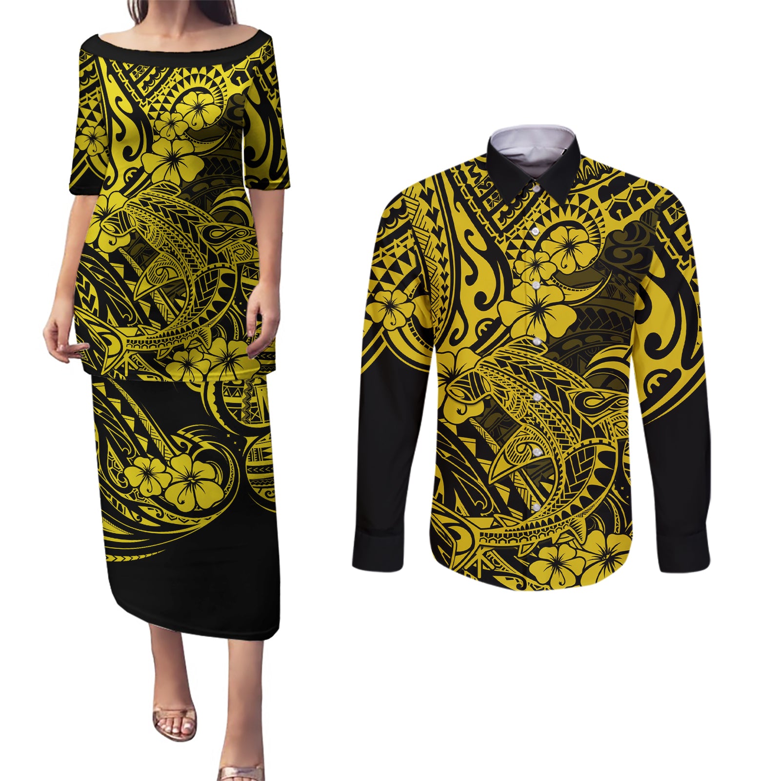Hawaii Shark Couples Matching Puletasi Dress and Long Sleeve Button Shirts Polynesian Pattern Yellow Version LT01 Yellow - Polynesian Pride