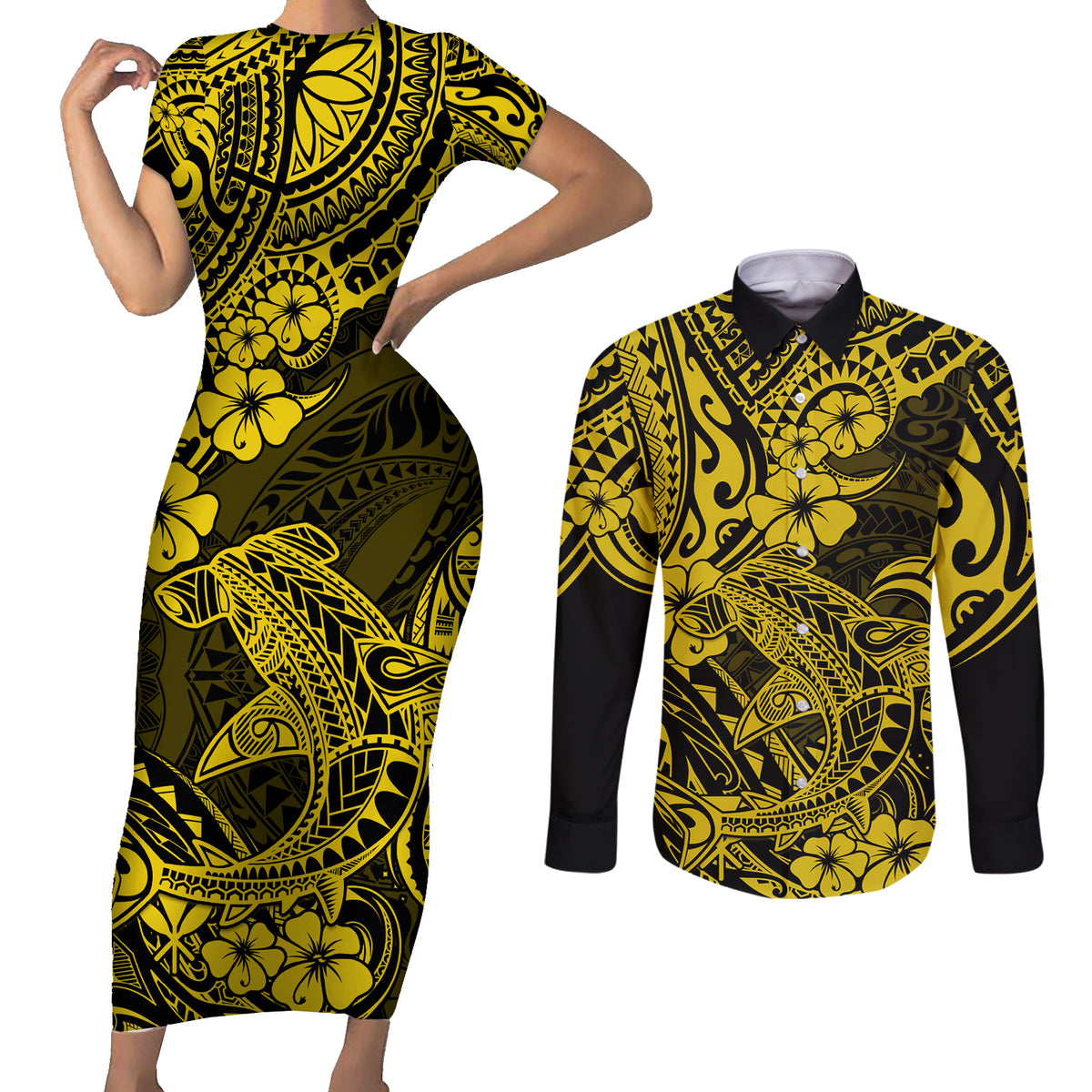 Hawaii Shark Couples Matching Short Sleeve Bodycon Dress and Long Sleeve Button Shirts Polynesian Pattern Yellow Version LT01 Yellow - Polynesian Pride